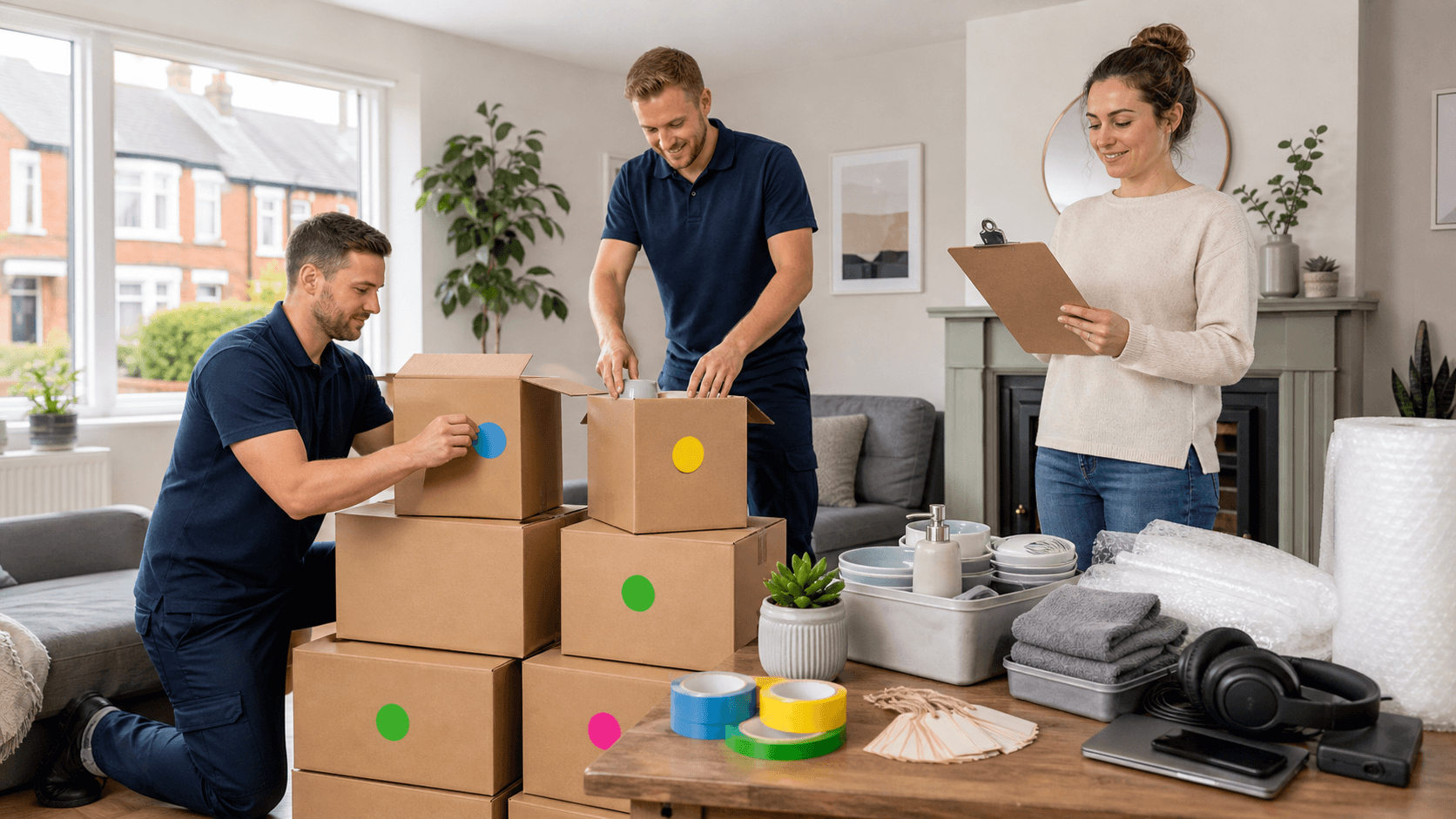 Stacked moving boxes with bright color-coded labels and markers on a sunlit floor beside a packing checklist.