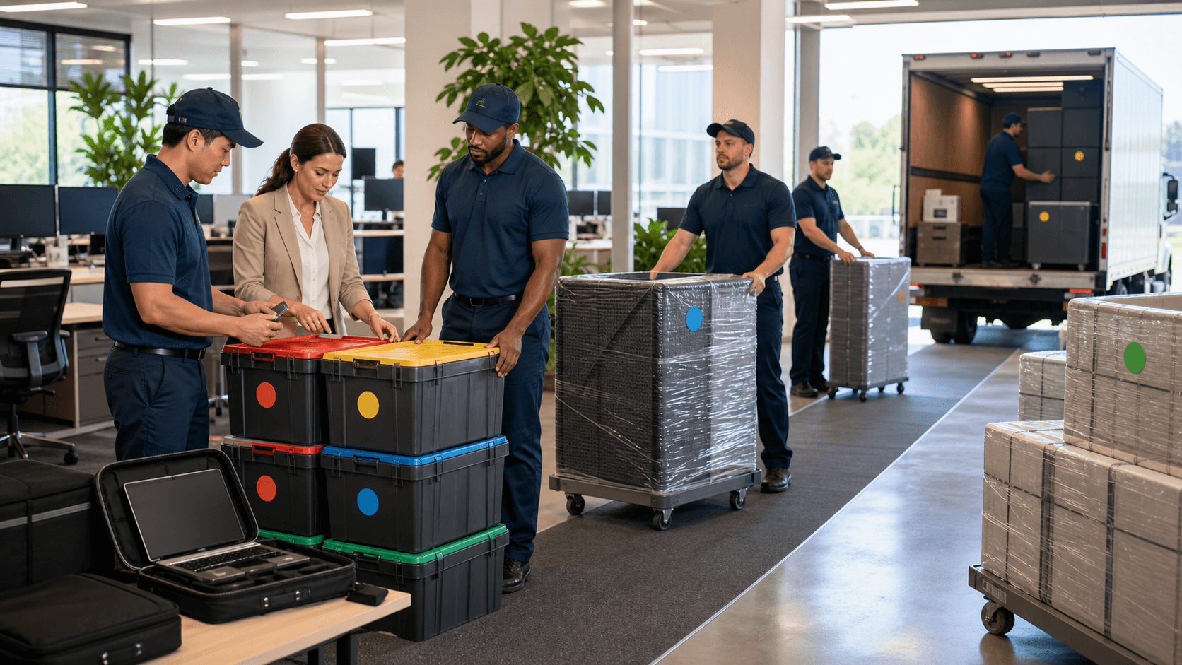 Bright modern office with packed cardboard boxes, a hand truck, and movers near desks in soft daylight.
