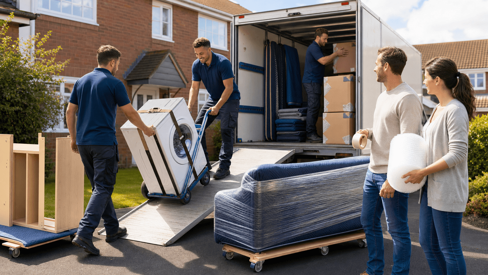 Family packing cardboard boxes in a sunlit living room, with a moving truck and dolly visible through the window
