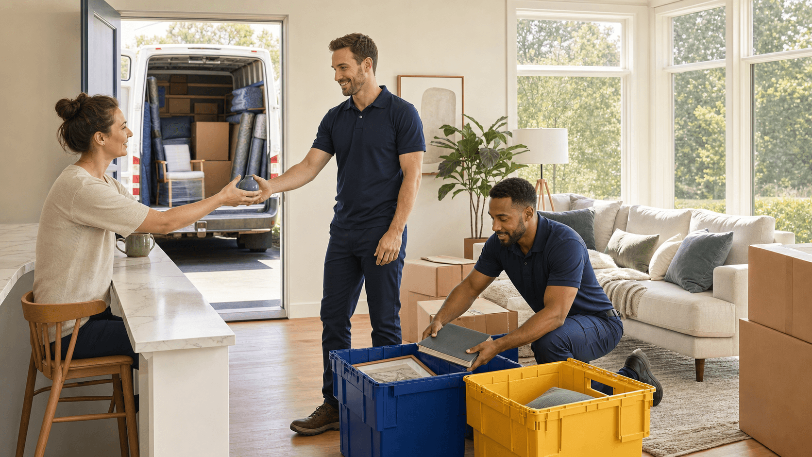 Sunlit room with stacked moving boxes, labeled folders, and a checklist on a tidy table in soft neutral tones.